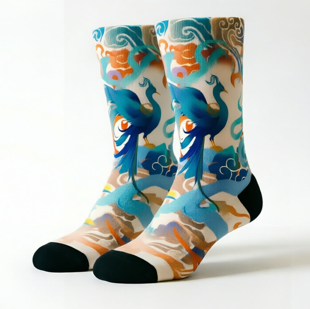 Custom knit socks — peacock print, front view